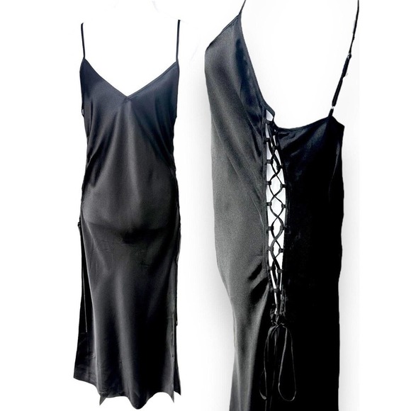 Victoria's Secret Dresses & Skirts - Victorias Secret Slip Dress Long Strappy Corset Sides Sz M Black Satin Gown Sexy